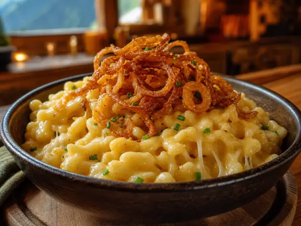 Austrian Käsespätzle with Crispy Onions, finished dish