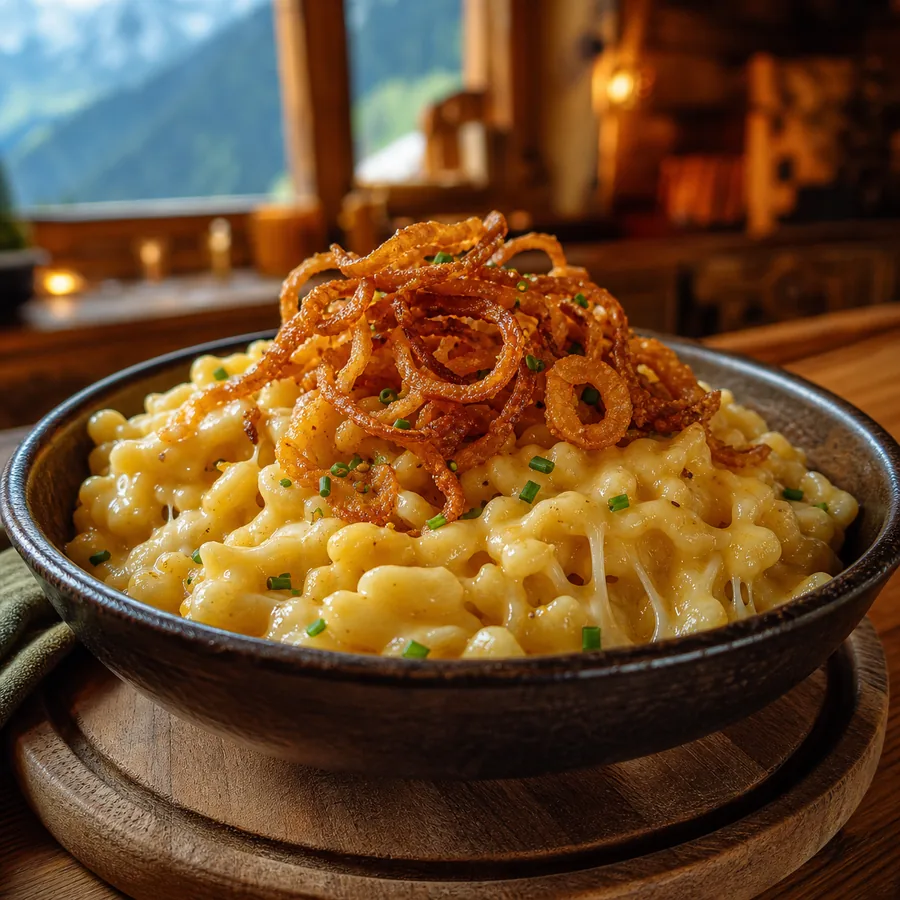 Austrian Käsespätzle with Crispy Onions, finished dish