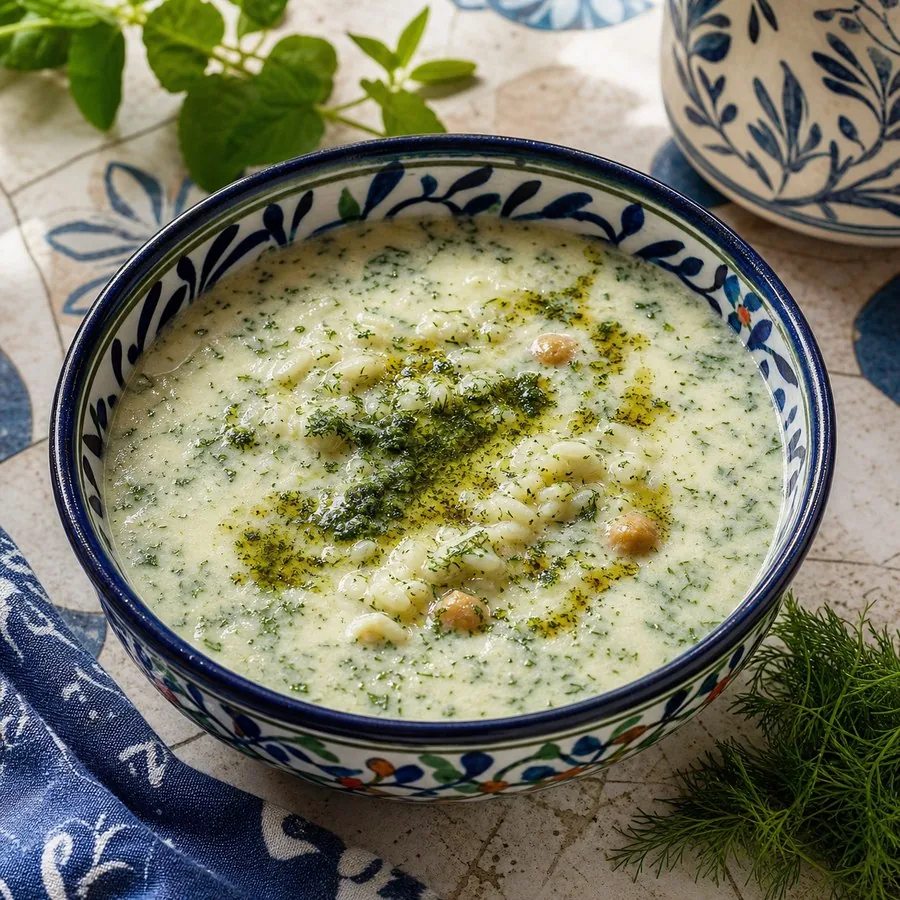 Azerbaijani Dovga Yogurt Herb Soup, finished dish