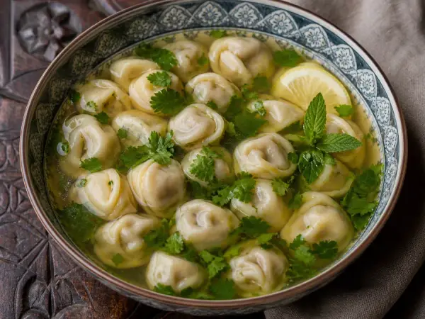 Azerbaijani-inspired lamb dumpling soup with herbs