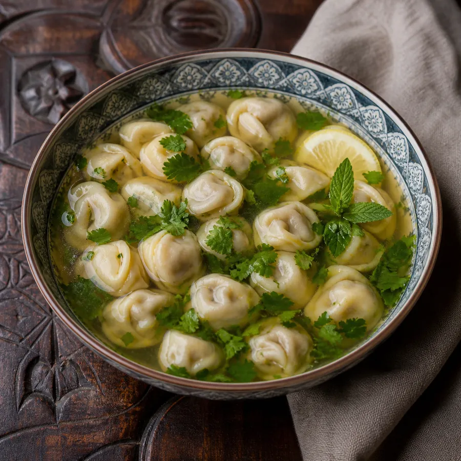 Azerbaijani-inspired lamb dumpling soup with herbs