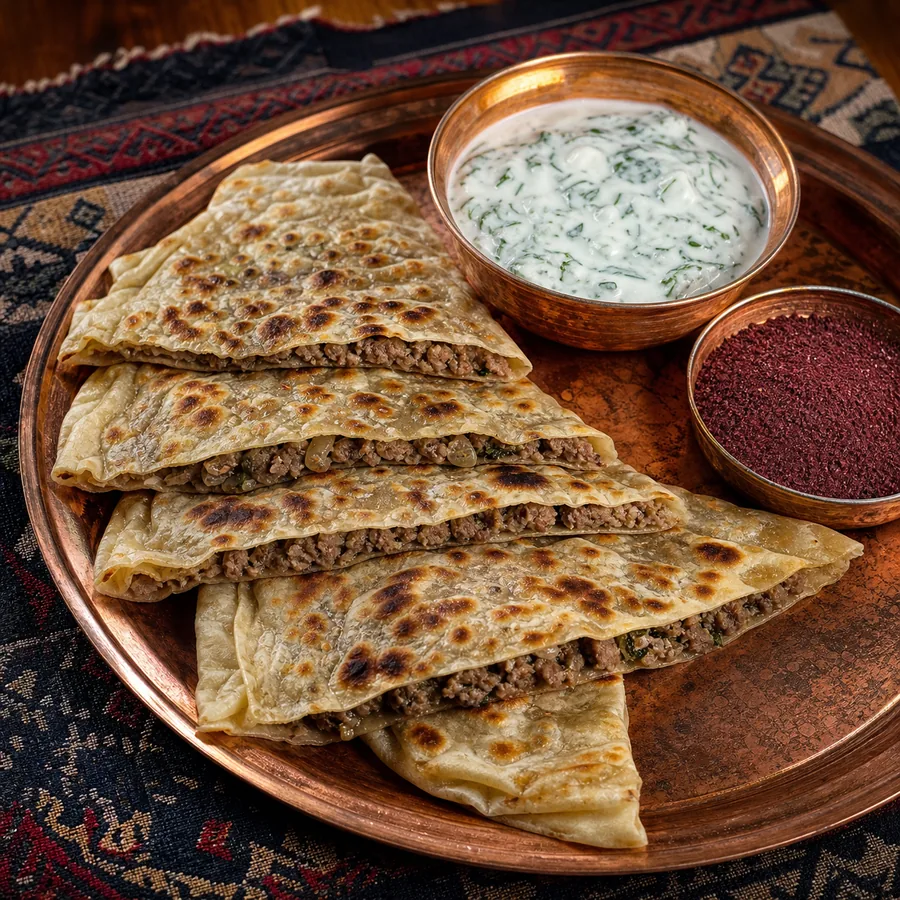 Azerbaijani Lamb Qutab with Herb Yogurt, finished dish