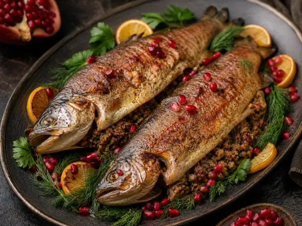 Azerbaijani Lavangi Walnut Herb Trout, plated and ready to serve
