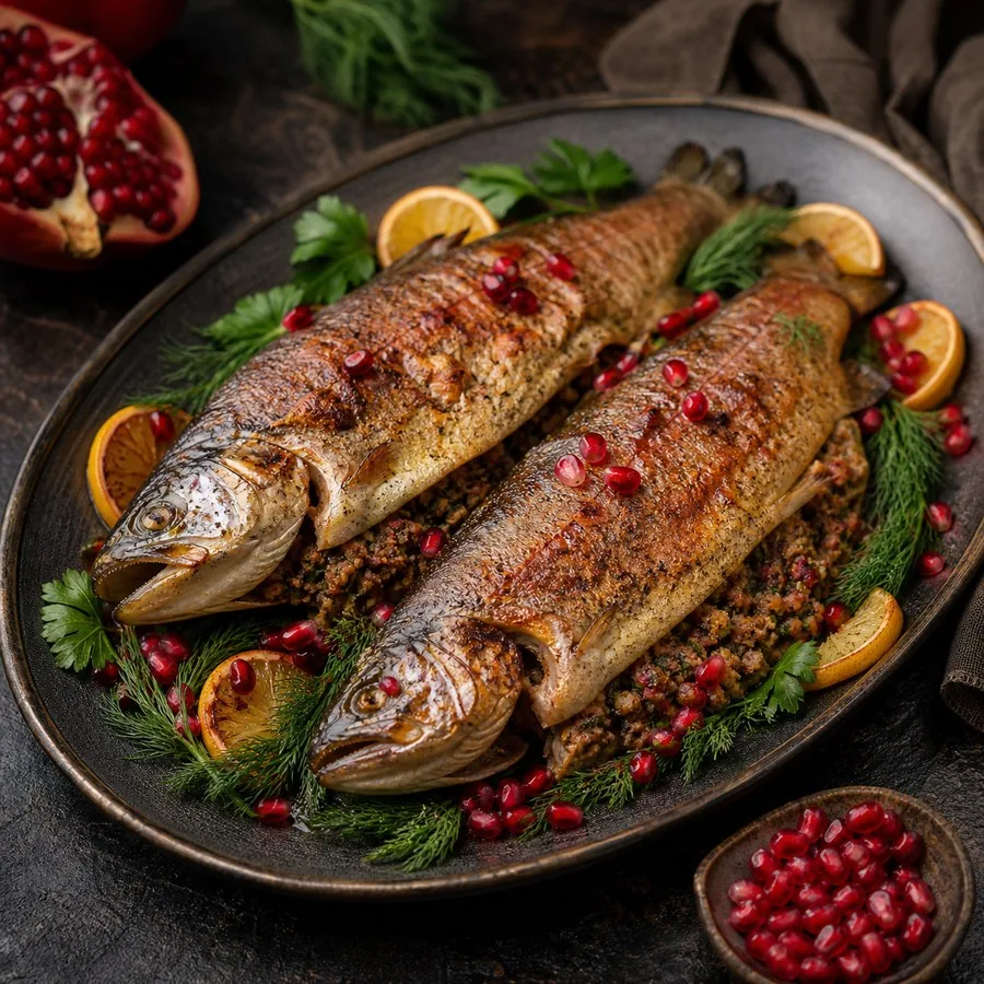 Azerbaijani Lavangi Walnut Herb Trout, plated and ready to serve