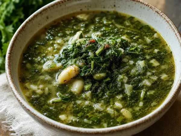 Azerbaijani Qoyut Ash Herb Soup, finished dish