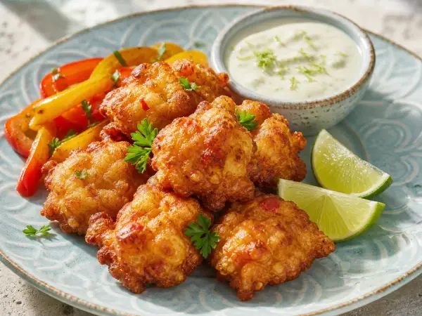 Golden conch fritters with lime herb dip
