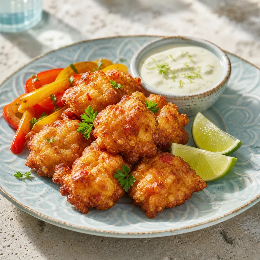 Golden conch fritters with lime herb dip