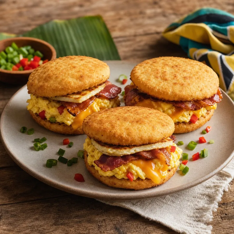 Bahamian Johnnycake Breakfast Sandwiches, finished dish