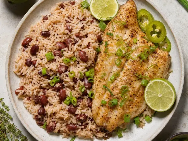 Bahamian Peas and Rice with Lime Fish, finished dish