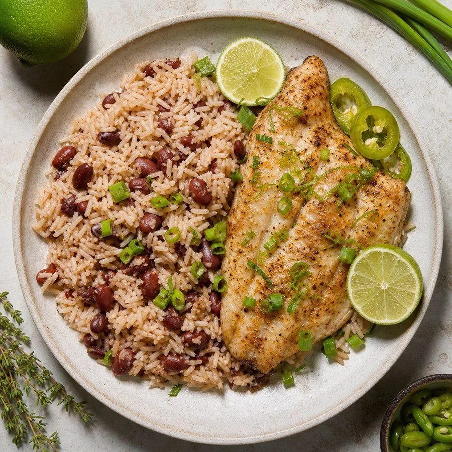 Bahamian Peas and Rice with Lime Fish, finished dish