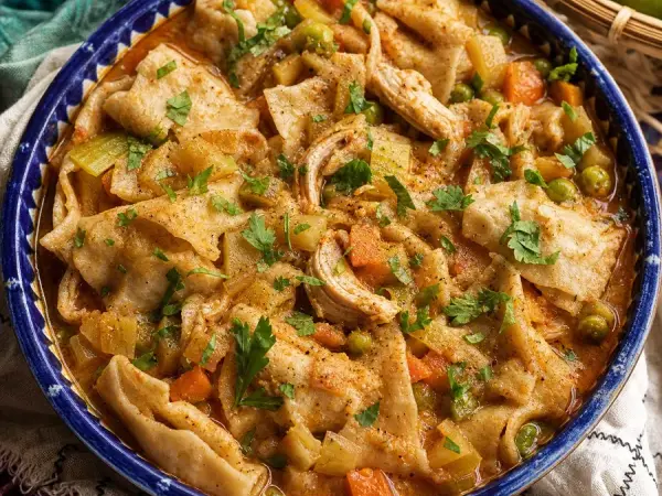 Bahraini Margoog Chicken and Vegetable Flatbread Stew, finished dish