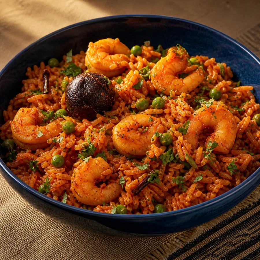 Bahraini Shrimp Machboos with tomato rice and dried lime