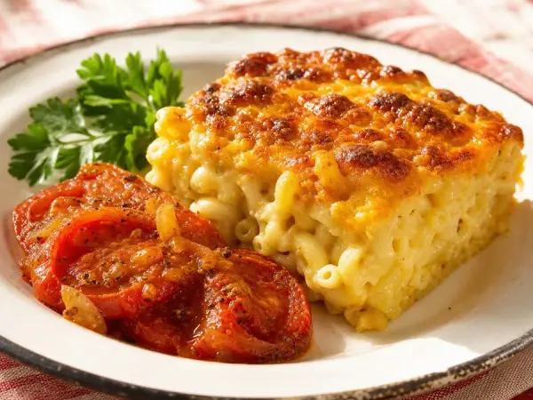 Bajan Macaroni Pie with Spiced Tomatoes, finished dish