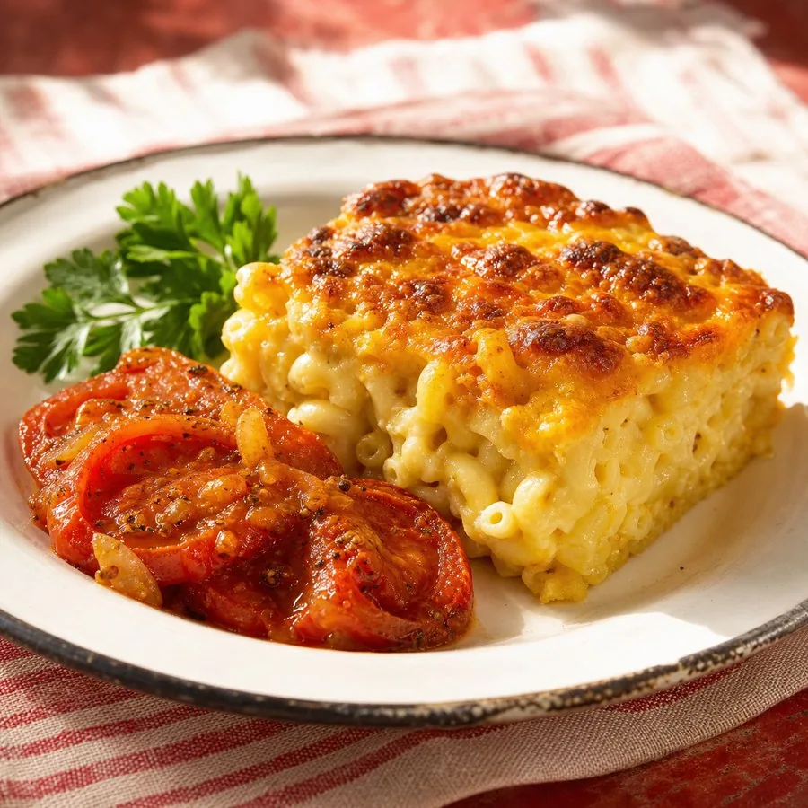 Bajan Macaroni Pie with Spiced Tomatoes, finished dish