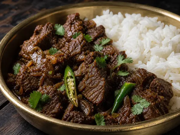 Bangladeshi Beef Bhuna with Rice, finished dish