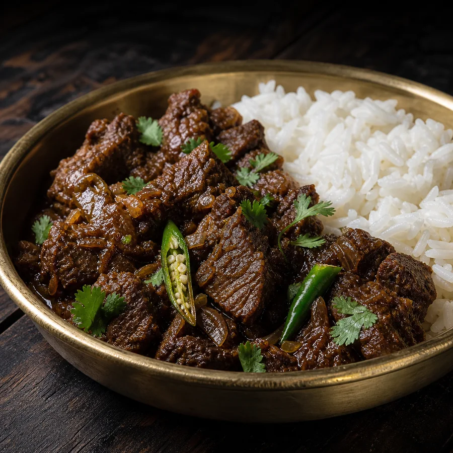 Bangladeshi Beef Bhuna with Rice, finished dish