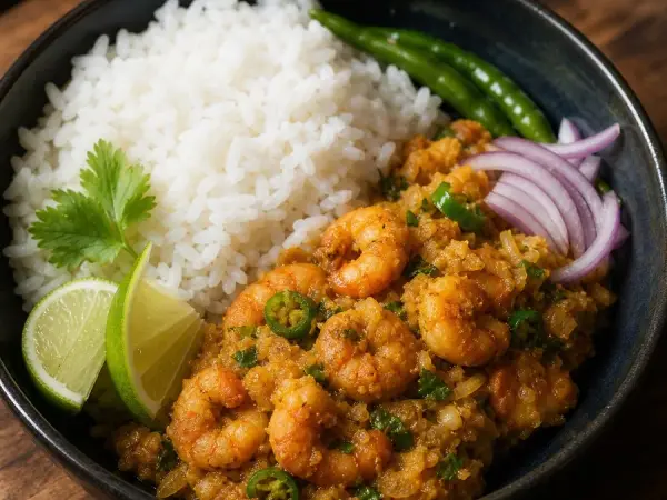 Bangladeshi Chingri Bhorta with Rice, original finished dish food photograph