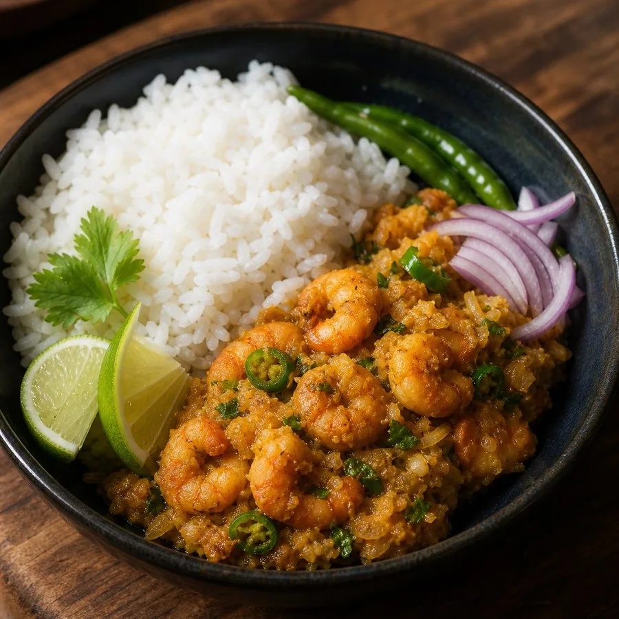 Bangladeshi Chingri Bhorta with Rice, original finished dish food photograph