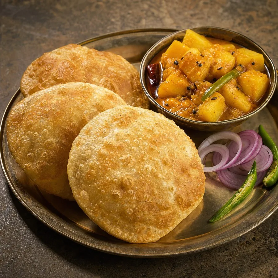 Bangladeshi Dal Puri with Aloo Curry, original finished dish food photograph