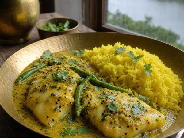 Bangladeshi Mustard Fish with Turmeric Rice, finished dish