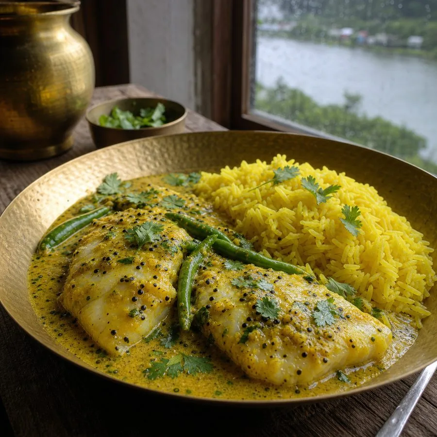 Bangladeshi Mustard Fish with Turmeric Rice, finished dish