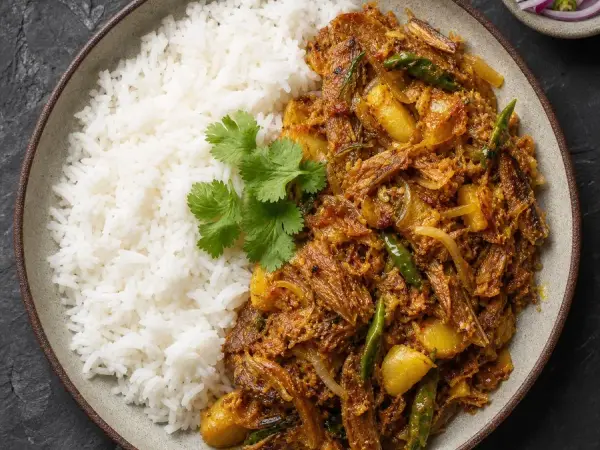 Bangladeshi Shutki Bhuna with Rice, original finished dish food photograph