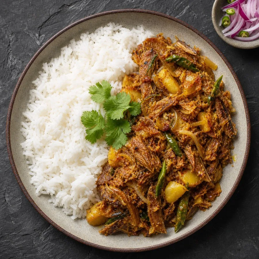 Bangladeshi Shutki Bhuna with Rice, original finished dish food photograph