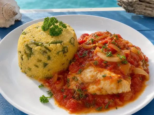 Creamy cornmeal and okra cou-cou served with tomato fish