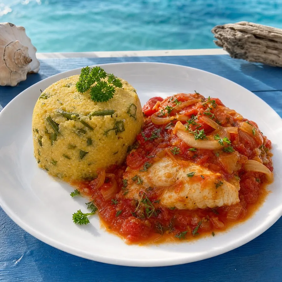 Creamy cornmeal and okra cou-cou served with tomato fish