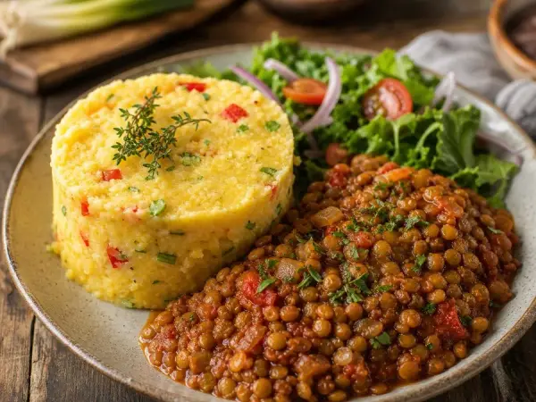 Barbadian Cou-Cou with Tomato Lentils, finished dinner