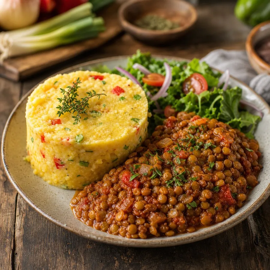 Barbadian Cou-Cou with Tomato Lentils, finished dinner