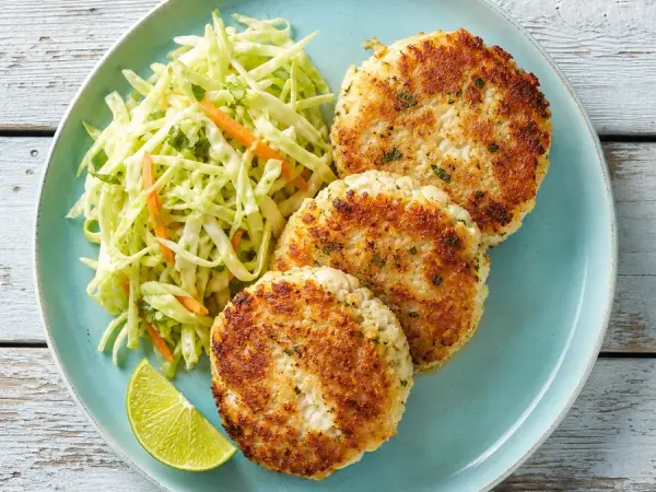 Golden fish cutlets with cabbage lime slaw