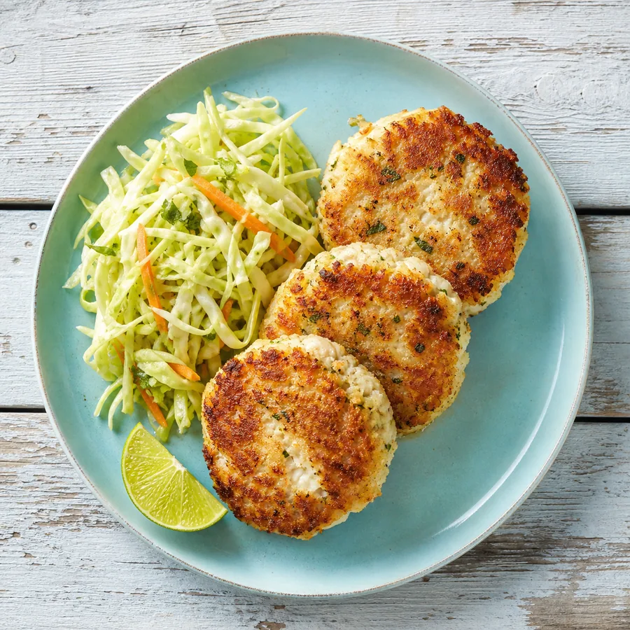 Golden fish cutlets with cabbage lime slaw
