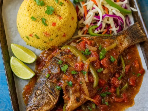 Barbadian Tamarind Tomato Fish with Cou-Cou, finished dish