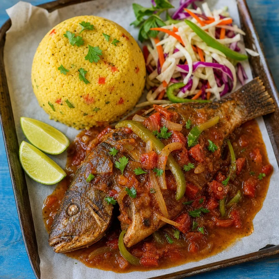 Barbadian Tamarind Tomato Fish with Cou-Cou, finished dish