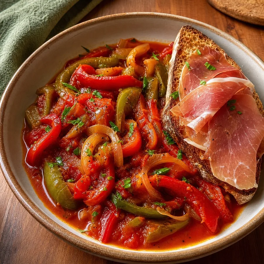 Basque Piperade with Jamon Toast, finished dish