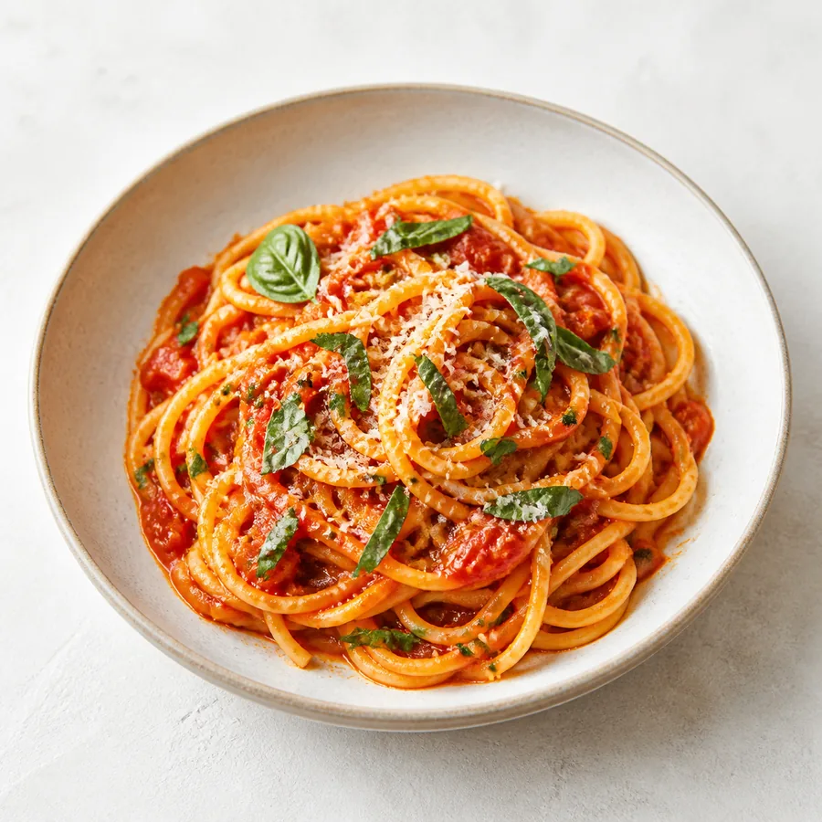 Batak Garden Inspired Tomato Basil Pasta, finished dish