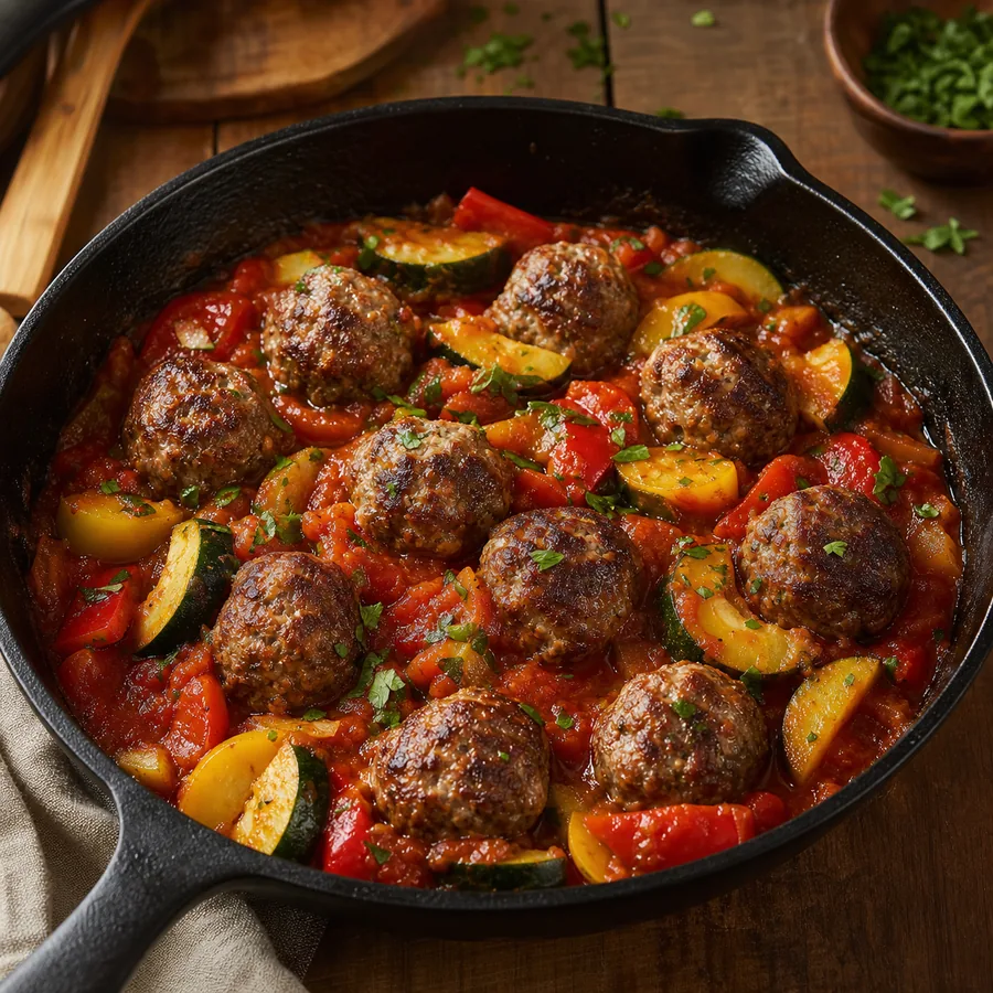 Bavarian Garden Inspired Saucy Meatball Vegetable Skillet, finished dish