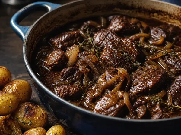 Belgian Carbonnade Flamande with Potatoes, finished dish
