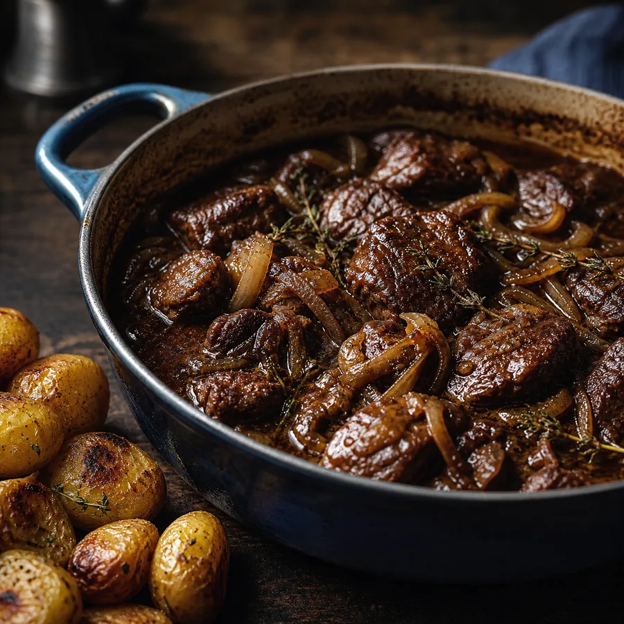 Belgian Carbonnade Flamande with Potatoes, finished dish