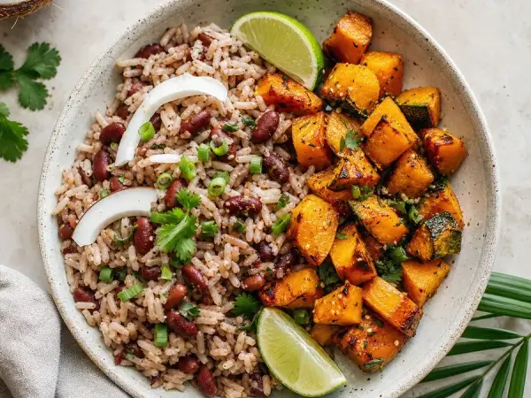 Belizean Coconut Bean Rice with Roasted Pumpkin, finished dish