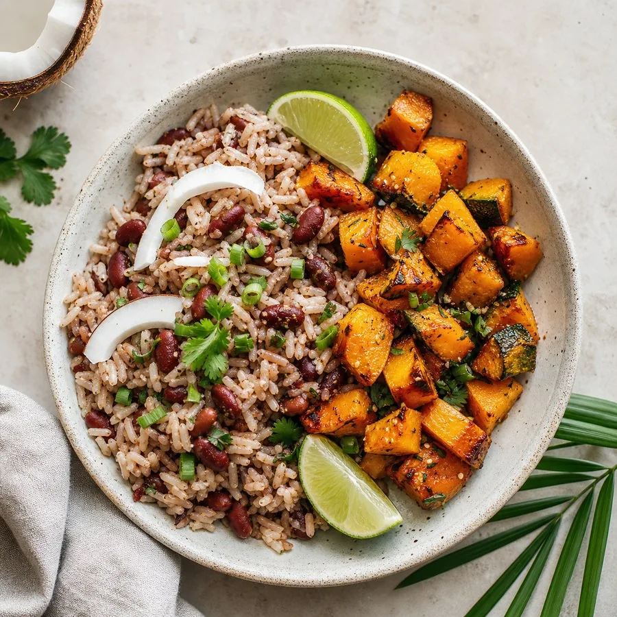 Belizean Coconut Bean Rice with Roasted Pumpkin, finished dish