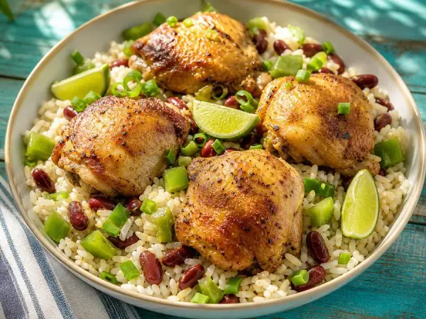 Coconut chicken with red beans, rice and cilantro