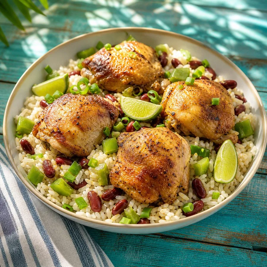Coconut chicken with red beans, rice and cilantro