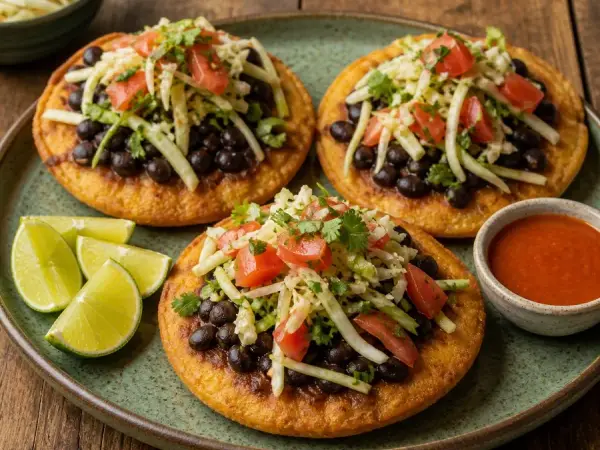 Belizean Garnaches with Black Beans, finished dish
