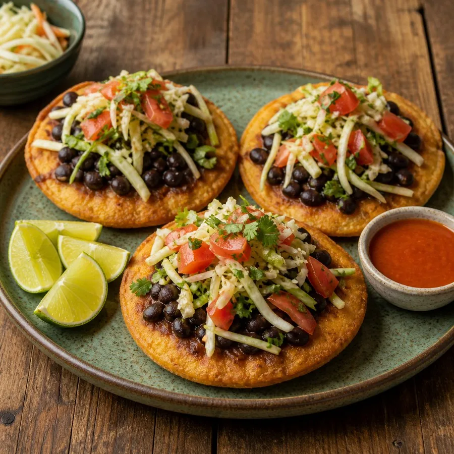 Belizean Garnaches with Black Beans, finished dish