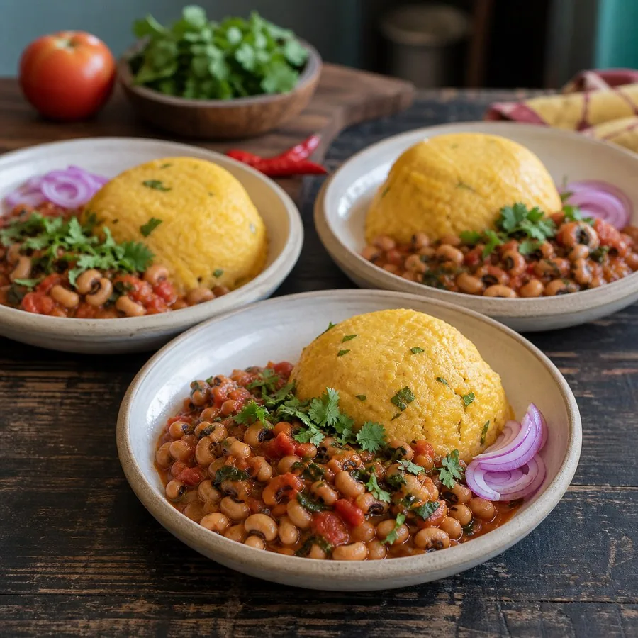 Beninese Amiwo Tomato Cornmeal Bowls with Black-Eyed Peas, finished dinner