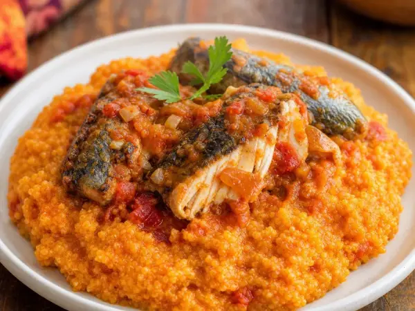 Beninese Amiwo Tomato Cornmeal with Fish, plated as a finished dinner