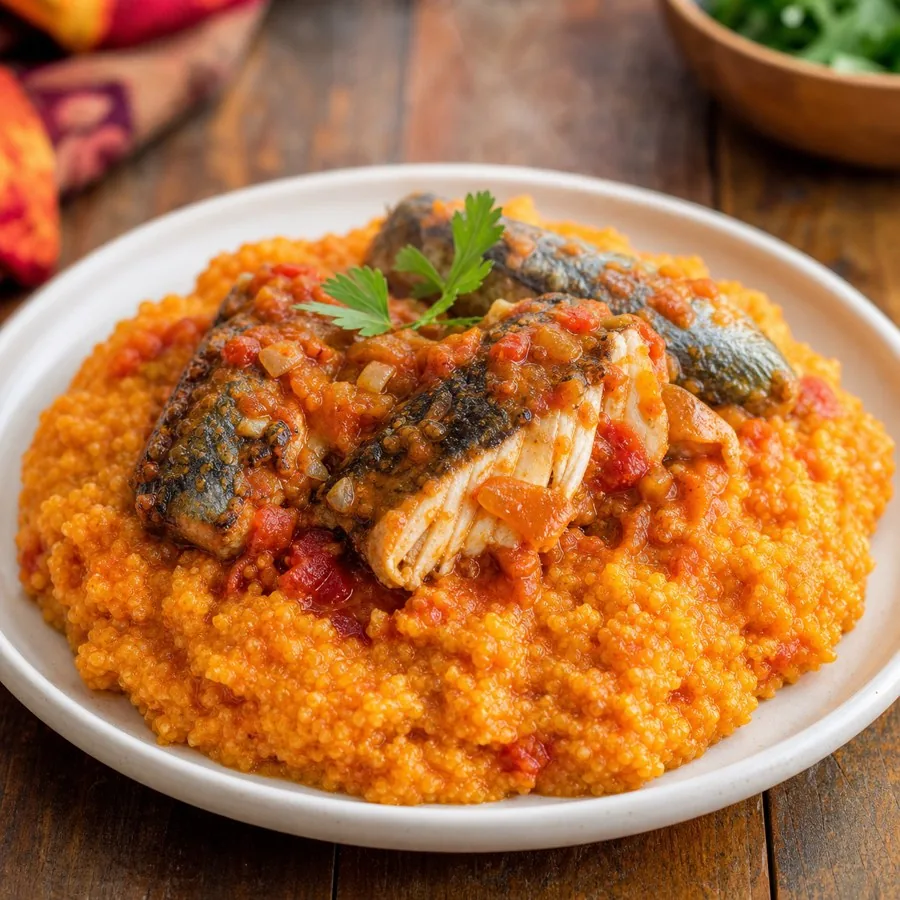 Beninese Amiwo Tomato Cornmeal with Fish, plated as a finished dinner