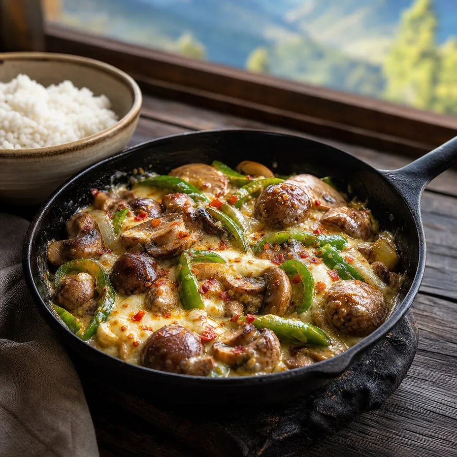 Bhutanese Ema Datshi Mushroom Skillet, finished dish